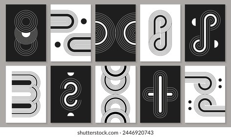 Zen arch poster set. in trendy minimal bohemian style. Modern boho linear geometric shapes, lines and simple figures. Vector minimalist abstract wall art contemporary elements and aesthetic stripes.