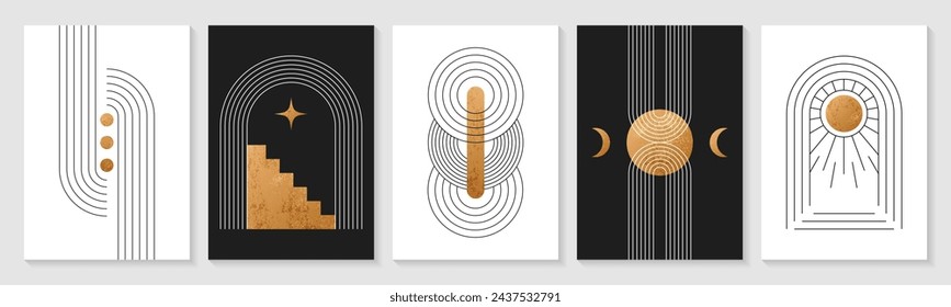 Zen arch posters. Modern boho linear geometric shapes, minimal simple figures. Vector set of covers, minimalist abstract wall art contemporary elements, golden sun and moon in trendy bohemian style.