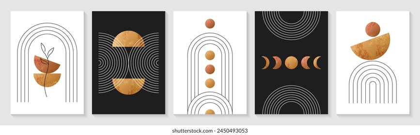 Zen arch posters. Modern boho linear geometric shapes, minimal simple figures. Set of covers, minimalist abstract wall art with sun, moon phases, golden contemporary elements in trendy bohemian style.