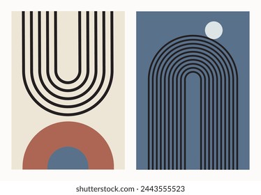 Zen arch set. Abstract geometric shapes. Modern boho minimalist art. Simple figures and lines in retro colours. For wall decor, card, poster, cover, branding.