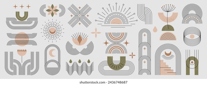 Zen arch set. Modern abstract boho linear geometric shapes, minimal simple figures. Contemporary vector elements and sun in trendy bohemian style. Aesthetic design stripes line shape in neutral colors