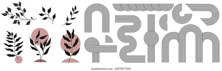 Zen arch set, simple line arch, botanical elements and geometric shapes. Geometric Japanese zen pattern minimal elements. Boho style strips
