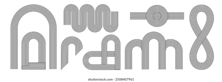 Zen arch set, simple line arch and shapes. Geometric Japanese zen pattern minimal elements. Boho style strips