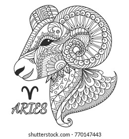 Diseño artístico Zen del signo Aries zodiac para elemento de diseño y página de libro de colorear.