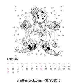 Zen art doodle hand drawn Snowman ski on white background. Christmas vector adult coloring anti stress page.February calendar page 2017.