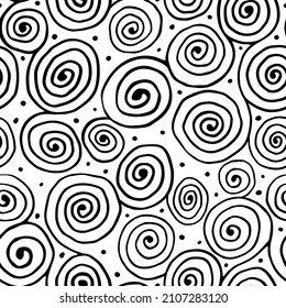 El doodle de arte zen ornamenta un patrón abstracto sin fisuras. Mano dibujó rizos negros y blancos y gira fondo sin límites. Textura inagotable y creativa monocromática. Repetición aleatoria de diseño de superficie caótico.