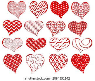 Zen art hearts doodle collection isolated on white background. Saint valentine's day pretty bright red and white template. Trendy set of fill-in heart shapes with various patterns and ornaments.