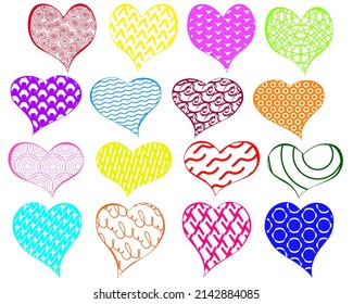 Zen art hearts doodle collection isolated on white background. Festive bright multicolored template. Pretty trendy set of fill-in heart shapes with assorted patterns and ornaments.