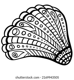 Zen art monochrome Maori cockle shell isolated on white background. Ornamental tribal style zen doodle clam for tattoo or art therapy coloring book. Hand drawn ornate Polynesian bivalve.