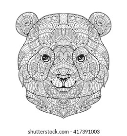 Zen art panda. Bear head in zentangle style for the adult antistress coloring book on white background. Hand drawn zendoodle. T-shirt print. Ornamental animal.