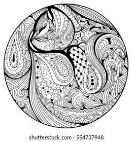 Zen art sleeping cat vector illustration. Adult anti-stress coloring page. 