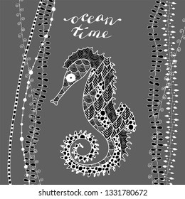 zen art style sea horse on gray background with handwritten lettering ocean time