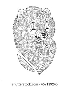 Zen art stylized Dog. Vector hand drawn pom. Pomeranian spitz. Adult antistress coloring page. Zendoodle sketch for T-shirt print, logo, tattoo. Black isolated illustration on white background.