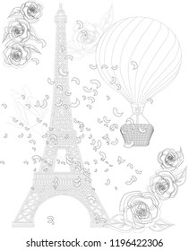 Zen art stylized Eiffel tower. Sketch, poster, children or adult coloring pages. France collection.Boho style