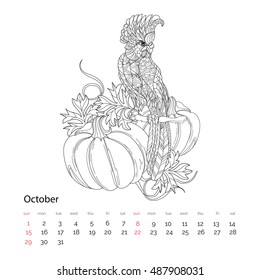 Zen art stylized parrot.Hand drawn vector illustration. Sketch for tattoo or makhenda or adult anti stress coloring book. Bird collection boho style.October calendar page 2017.