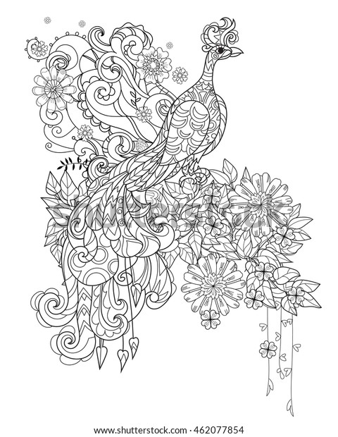 花に孔雀をかたどった禅画 手描きの落書き風ボーホーベクターイラスト 入れ墨やアンチストレスのアダルトカラーブックのスケッチ 鳥のコレクション のベクター画像素材 ロイヤリティフリー