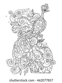 Zen art stylized peacock. Hand drawn doodle boho vector illustration. Sketch for tattoo or anti stress adult coloring book. Bird collection.