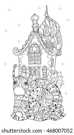 Zen art stylized snail with fairy house. Hand Drawn vector illustration. Sketch for tattoo or makhenda or adult anti stress coloring. Boho doodle indian style.