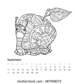 Zen art stylized snail with fairy apple house. Hand Drawn vector illustration. Sketch for tattoo or makhenda or adult anti stress coloring. Boho doodle style.September calendar page 2017.