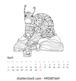 Zen art stylized snail on old book. Hand Drawn vector illustration. Sketch for tattoo or makhenda or adult anti stress coloring. Boho style doodle.April calendar 2017 page.