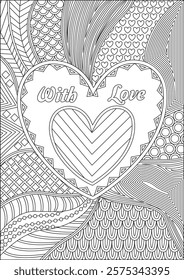 Zen art valentine heart coloring page for adult vector