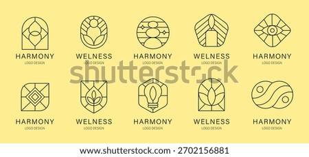 Zen Balance Abstract Line Art Logo Set. Minimal Yoga Icons, Harmony Circles and Spiritual Symbols for Wellness Branding in a vector illustration