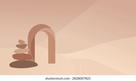 Zen balanced stones 3D arch background, Spa wellness pedestal product display, Minimalist sun rays rock meditation banner, Warm aesthetic stage vector layout