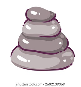 Zen cartoon stones in balance stack. Funny tower of rocks, cobblestones structure of relaxation and spa therapy. Harmony, stability mascot, cartoon cute solid stones foundation vector illustration