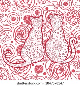 Zen cat. Hand drawn ornate wallpaper with abstract cats. Design for spiritual relaxation for adults. Design Zentangle