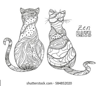 Zen cats. Design Zentangle. Hand drawn cat with abstract patterns on isolation background. Design for spiritual relaxation for adults. Black and white illustration for coloring. Outline on t-shirts