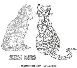 Zen cats. Design Zentangle. Hand drawn cat with abstract patterns on isolation background. Design for spiritual relaxation for adults.  Black and white illustration for coloring. Zen art
