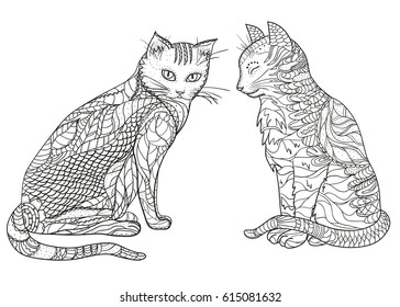 Zen cats. Design Zentangle. Hand drawn cat with abstract patterns on isolation background. Design for spiritual relaxation for adults.  Black and white illustration for coloring. Zen art