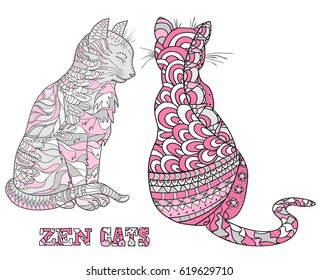 Zen cats. Design Zentangle. Hand drawn cat with abstract patterns on isolation background. Design for spiritual relaxation for adults. Zen art