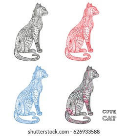 Zen cats. Design Zentangle. Hand drawn cat with abstract patterns on isolation background. Design for spiritual relaxation for adults. Black and white illustration for coloring. Zen art