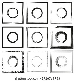 Zenkreis und Quadrat. Enso-Pinselstrichsammlung. Schwarze handgezeichnete geometrische Rahmen. Minimalistische orientalische Kunst. EPS 10.