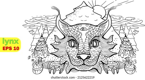 zen coloring with lynx pattern. Muzzle of a wild cat. Predatory animal in one line. Vector illustration for print. Black and white trot print. Coloring page. Antistress drawing bobcat. Color therapy.