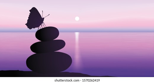 Zen concept in the rising sun with the fragile silhouette of a butterfly on a pile of three pebbles in front of a calm sea, ideal for meditation.