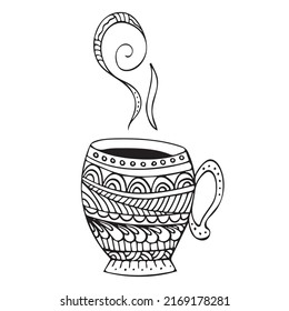 Zen doodle art cup with hot steam. Zentangle style for the adult coloring book on white background. A ntistress Hand drawn zendoodle. Vector illustration. Ornate cup.