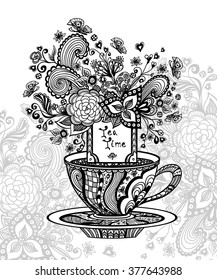 Zen doodle cup of tea with flowers black on white for  advertising tea or on package or  coloring page or relax coloring book