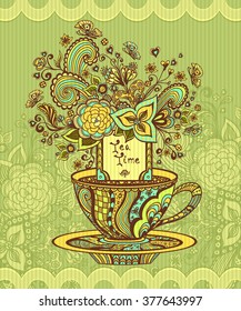 Zen doodle cup of tea with flowers  yellow green  blue on green background for   advertising tea or tea menu  or on package 