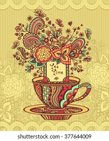 Zen doodle cup of tea with flowers red  yellow green on beige background for  advertising tea or tea menu  or on package 