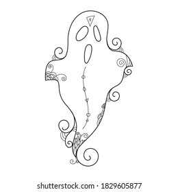 Zen doodle cute scary ghost. Halloween boho zentangle inspired line art illustration