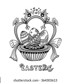 Zen doodle Easter Eggs in basket   black on white  for coloring page or relax coloring book or wallpaper background or creative Post Card for celebration Easter