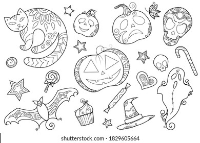 Zen doodle Halloween clipart with cat, pumpkins, sweets and other symbols. Boho zentangle inspired line art illustration