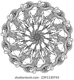 Zen doodle mandala sobre el tema de la educación y la creatividad, página de coloreo con torbellinos ornamentados y elementos simples ilustración vectorial