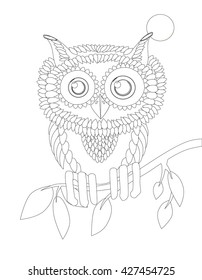 Zen doodle owl character created with outlines for coloring, art-therapy for older children and adults. 