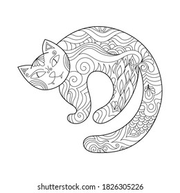 Zen doodle scary cat. Halloween boho zentangle inspired line art illustration