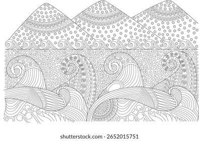 Zen desenho estilo doodle de ondas e montanhas oceânicas abstratas, perfeito para coloração consciente, meditação, ou fundo de design gráfico.