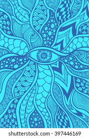 Zen doodle or Zen tangle texture or pattern with eye  in blue for wallpaper or for decorate package clothes or different things