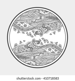 Zen doodle or Zen tangle texture or pattern  black on white in circle with butterfly flowers hearts waves swirl for  coloring page or coloring book or wallpaper or for decorate package clothes